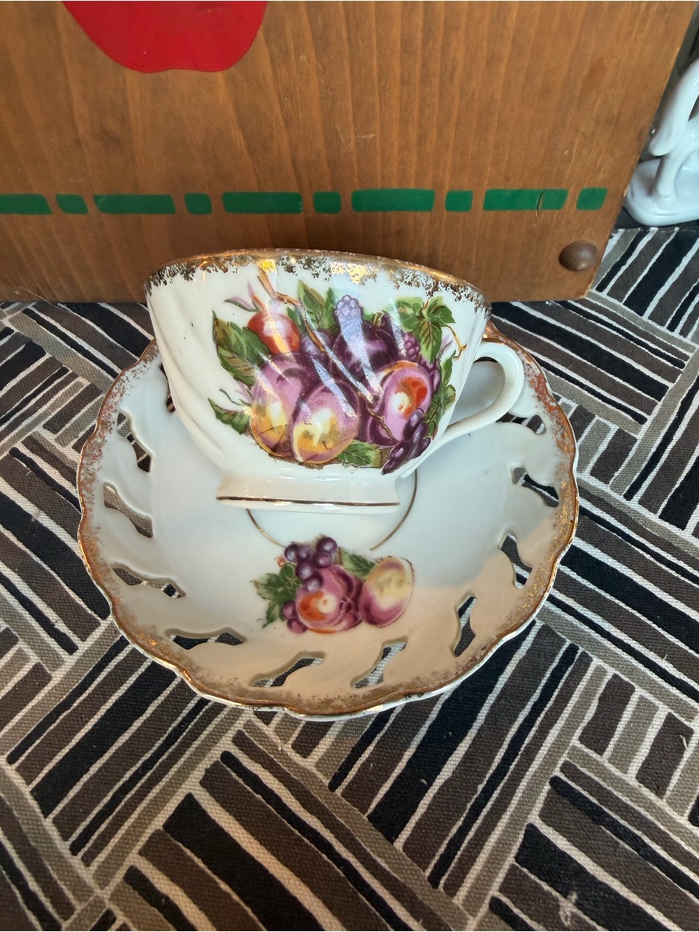 Vintage Fruit-Pattern Porcelain Teacup and Saucer - White with Purple Accents